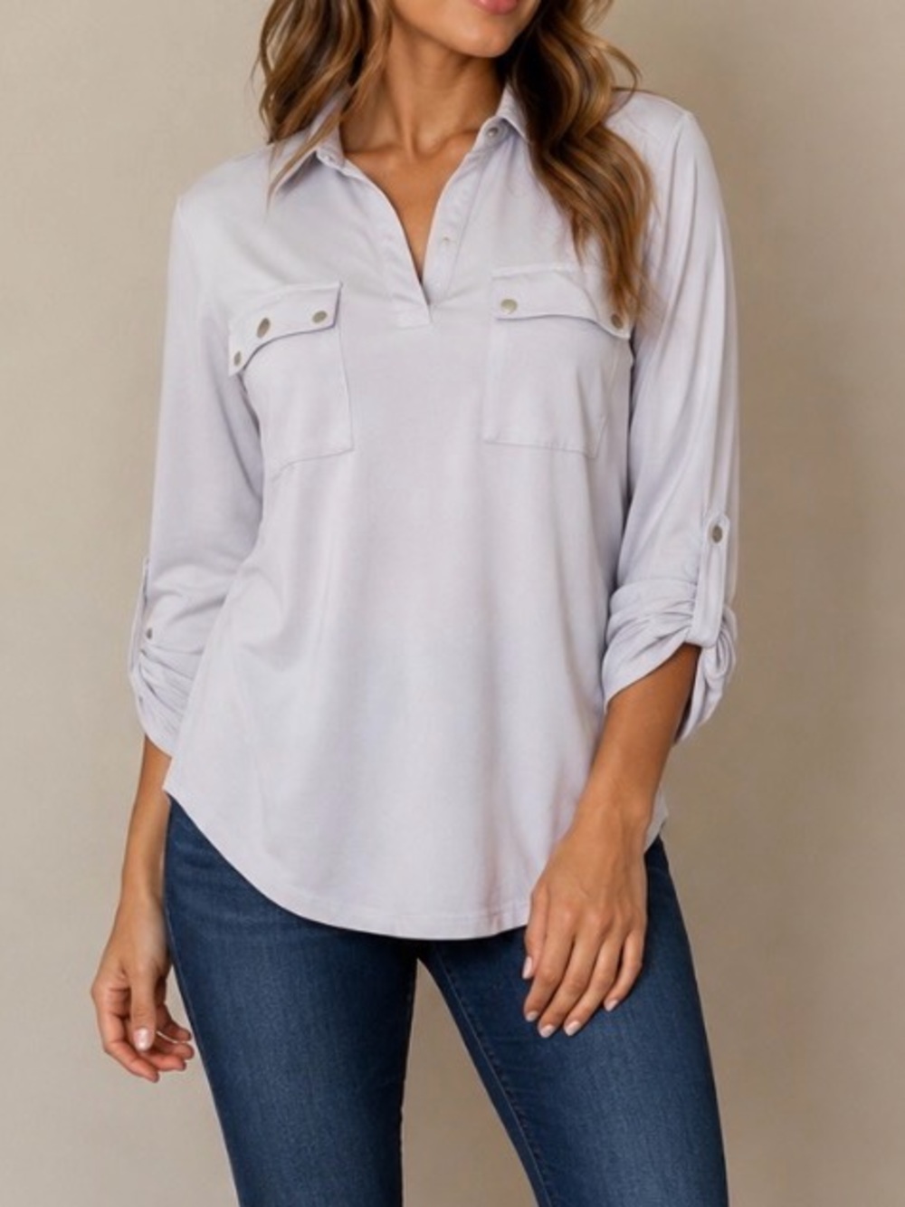 Light Blue Women's Button-Tab Long Sleeve Pocket Polo SZ MD lightweight